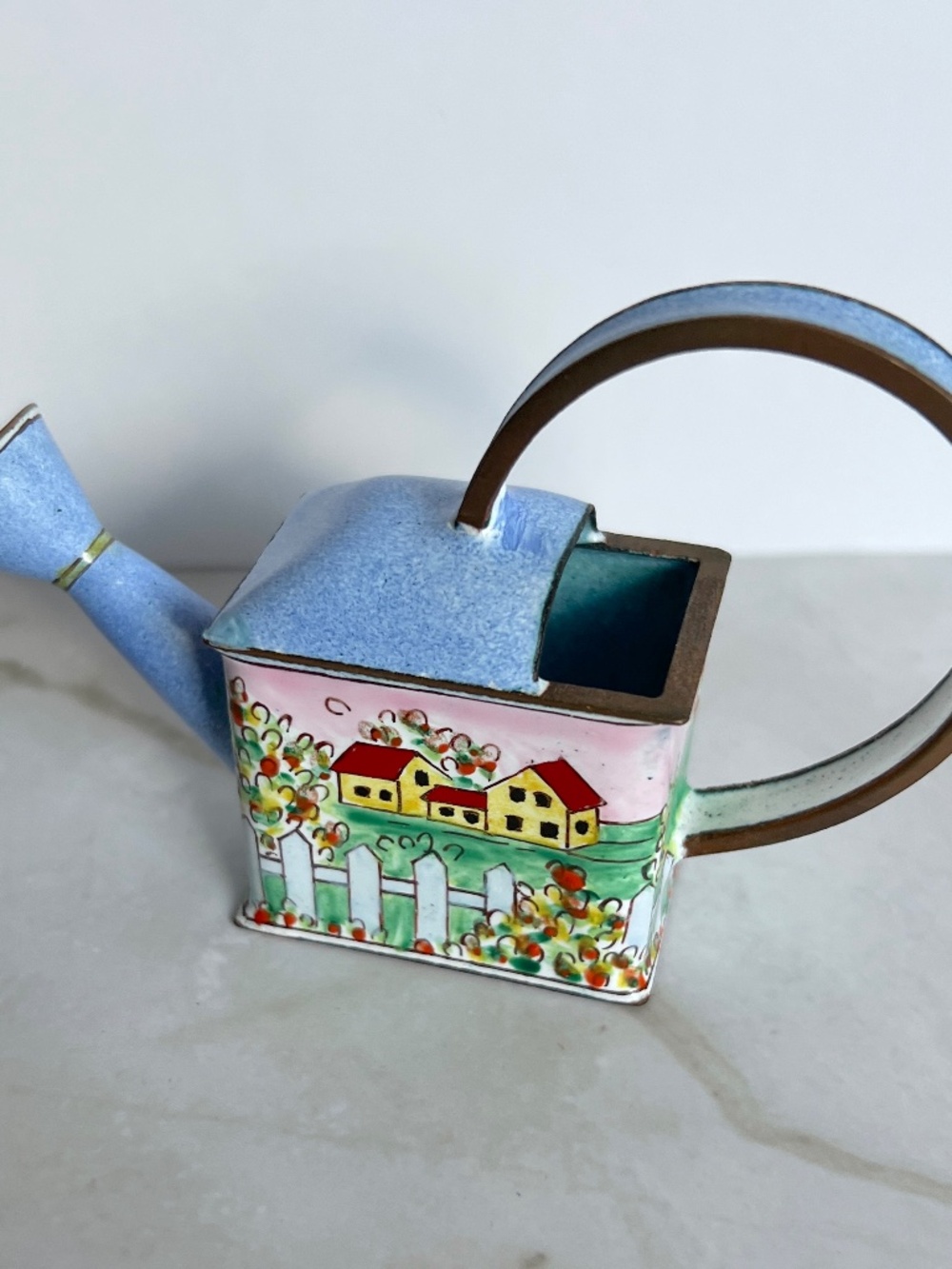 Kelvin Chen Miniature Enamel Watering Can Cottage Village No. 350, Hand Painted